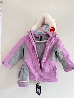 Girls' Pink & Gray Winter Jacket with Faux Fur Hood and Hat
